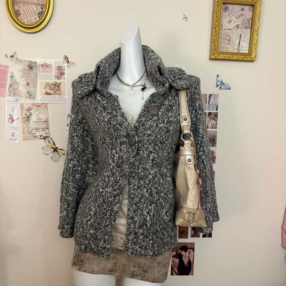 Philosophy by Republic Gray White Marled Knit Button Cardigan Sweater Jacket